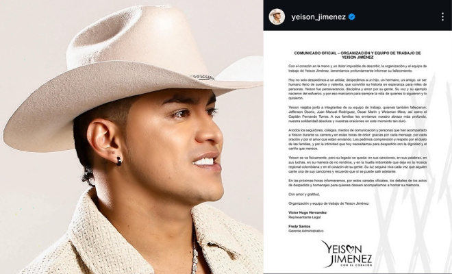 Equipo de trabajo de Yeison Jiménez confirma su fallecimiento a través de las redes sociales oficiales del artista